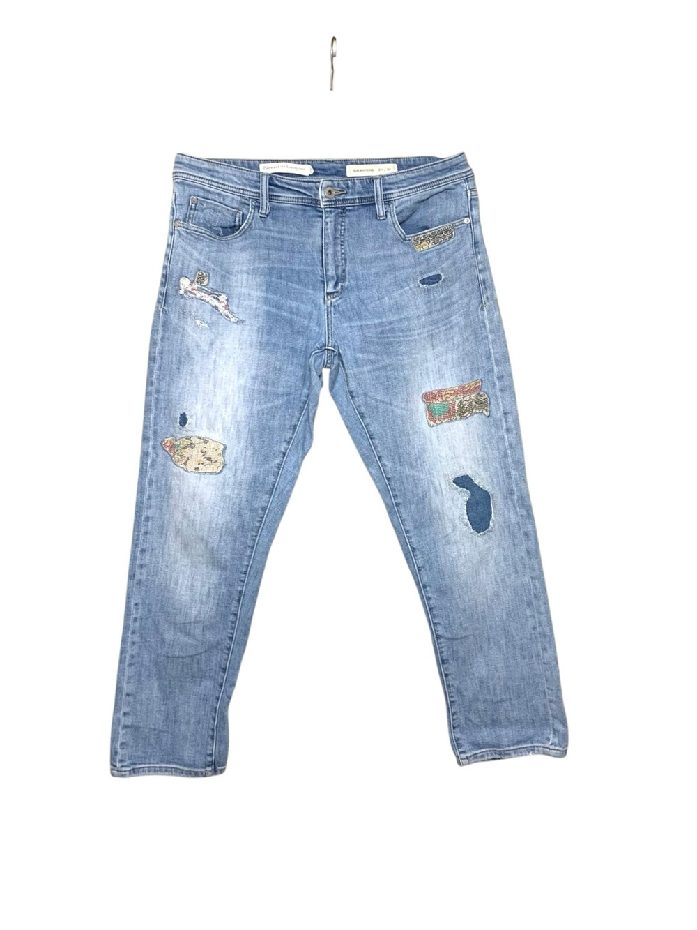 Anthropologie Pilcro Slim Boyfriend Jeans Blue Distressed Patchwork Sz 30